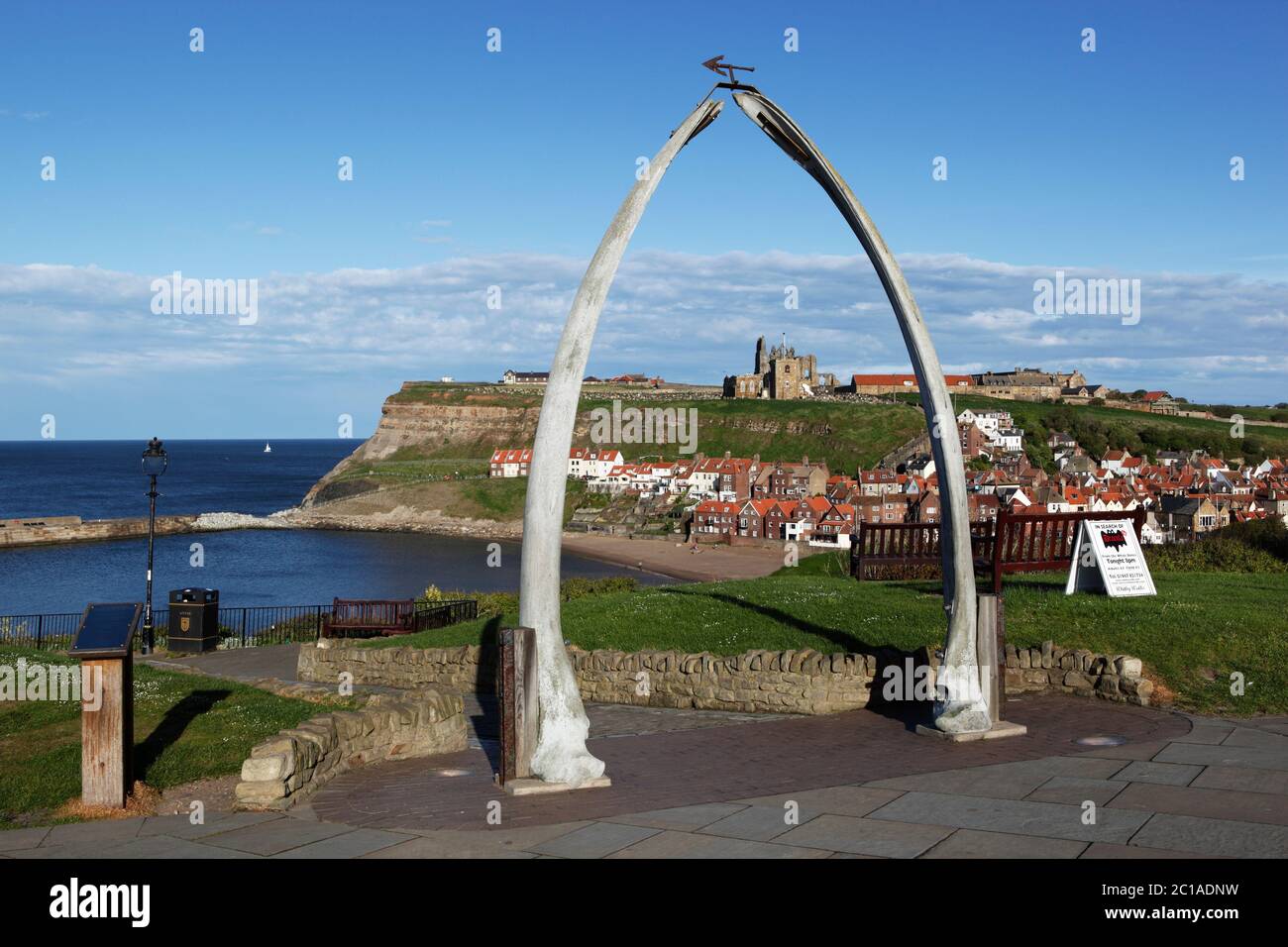 View through Whale Bones to town and Saint Mary`s Church and Whitby Abbey, Whitby, North Yorkshire, England, United Kingdom, Europe Stock Photo